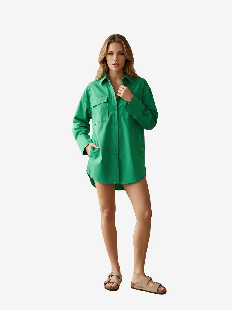 MY FASHION MY FASHION Oversized Long Sleeve Cotton Shirt with Pocket