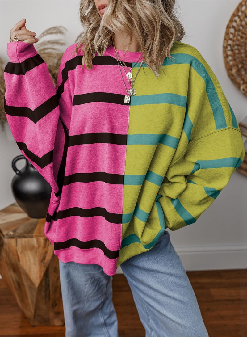 EVALESS Sweaters for Women 2025 Fashion Trendy Casual Striped Cable Knit Chunky Oversized Fall Winter Cute Crewneck Long Sleeve Pullover Clothes,Rose Red Small - Image 2