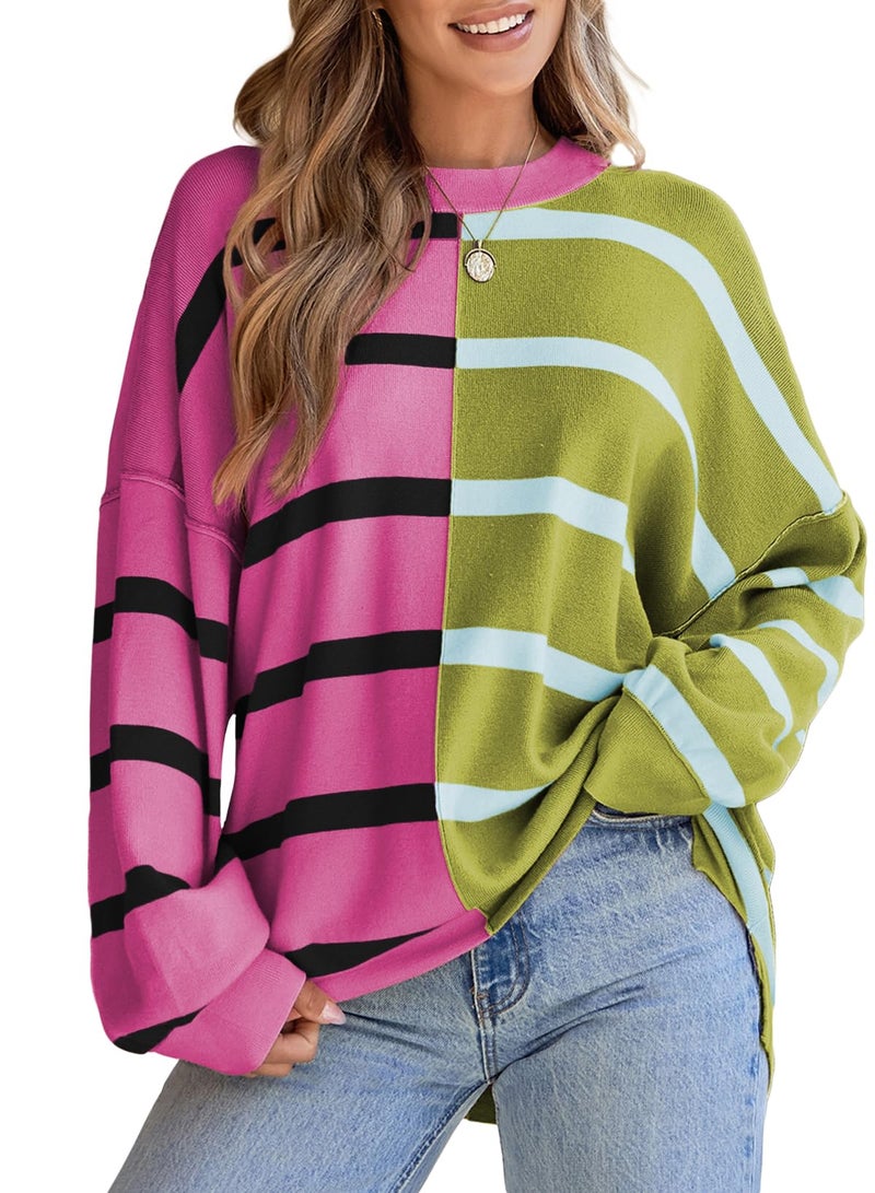EVALESS Sweaters for Women 2025 Fashion Trendy Casual Striped Cable Knit Chunky Oversized Fall Winter Cute Crewneck Long Sleeve Pullover Clothes,Rose Red Small - Image 1