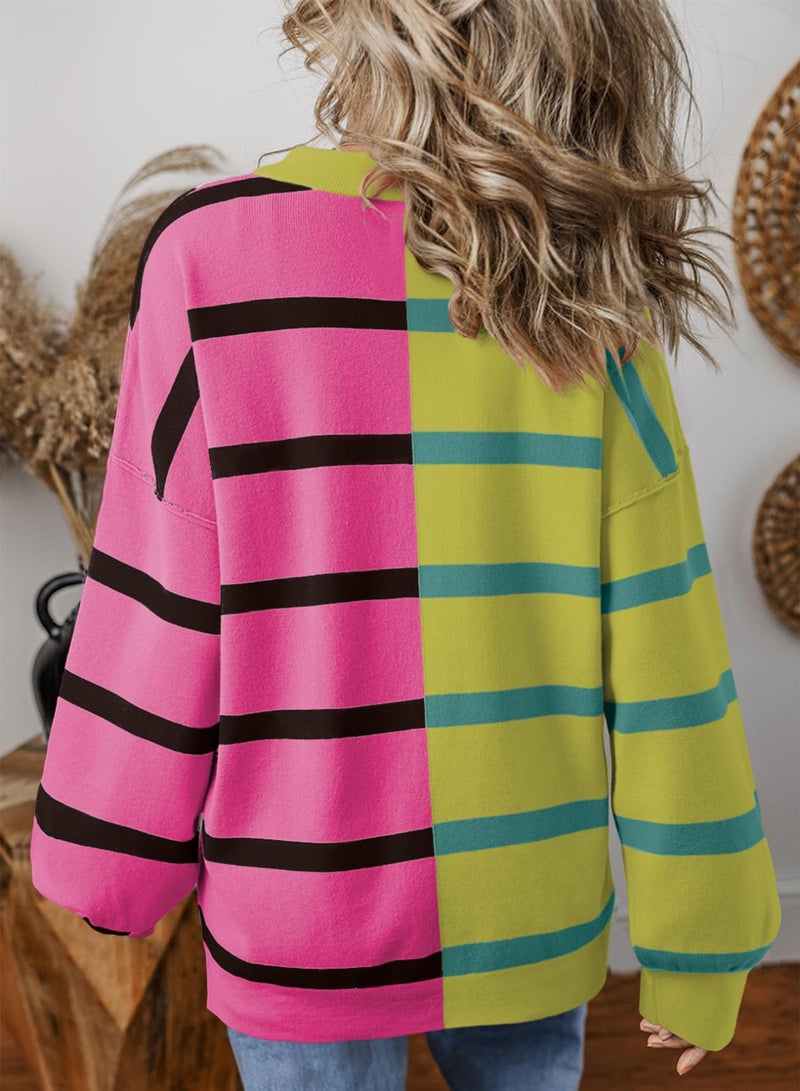 EVALESS Sweaters for Women 2025 Fashion Trendy Casual Striped Cable Knit Chunky Oversized Fall Winter Cute Crewneck Long Sleeve Pullover Clothes,Rose Red Small - Image 4