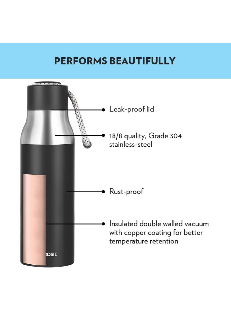 BOROSIL Borosil Hydra Aquasoul Black 600 ml Stainless Steel Water Bottle | Double Wall Vacuum Insulated Flask, Leakproof, Wide Mouth with Strap | 12 Hours Hot & Cold | 1 Year Warranty  - Image 3