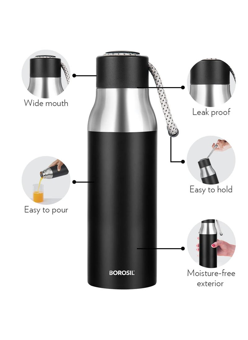 BOROSIL Borosil Hydra Aquasoul Black 600 ml Stainless Steel Water Bottle | Double Wall Vacuum Insulated Flask, Leakproof, Wide Mouth with Strap | 12 Hours Hot & Cold | 1 Year Warranty  - Image 4