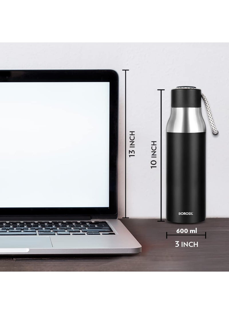 BOROSIL Borosil Hydra Aquasoul Black 600 ml Stainless Steel Water Bottle | Double Wall Vacuum Insulated Flask, Leakproof, Wide Mouth with Strap | 12 Hours Hot & Cold | 1 Year Warranty  - Image 2