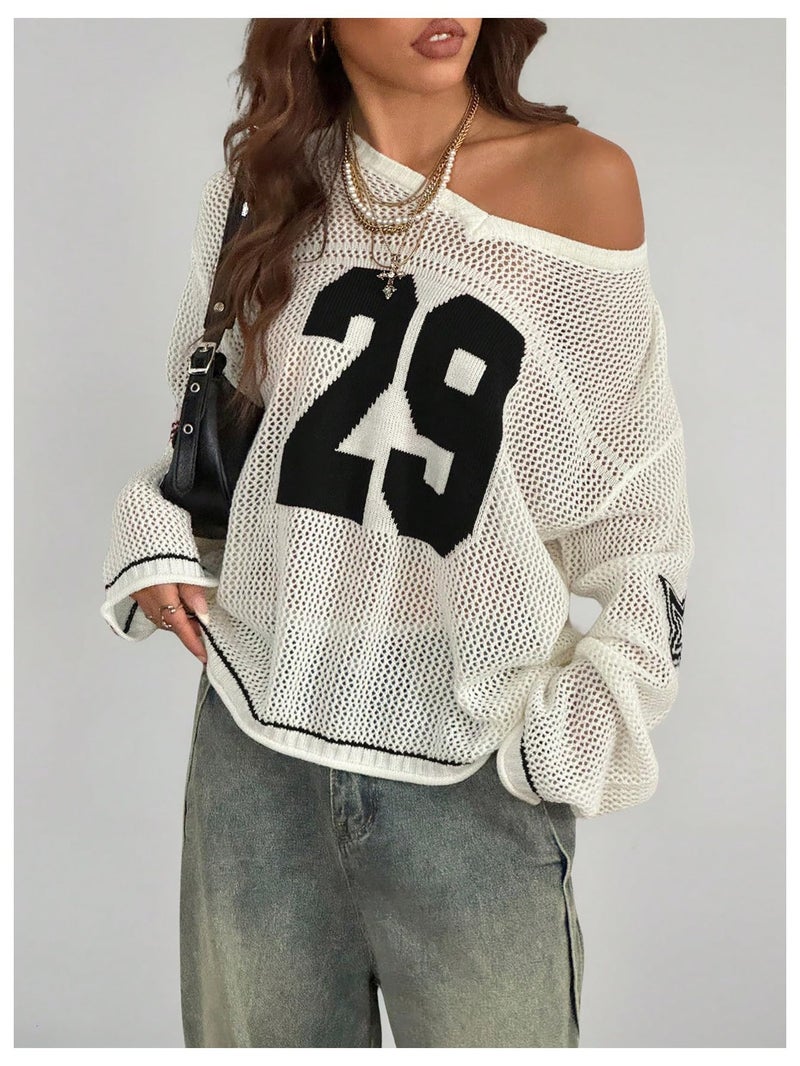Verdusa Women's Y2k Tops Jersey Shirts Oversized Crochet Graphic Going Out Tops V Neck Pullover Sweater Streetwear White Black Medium - Image 4