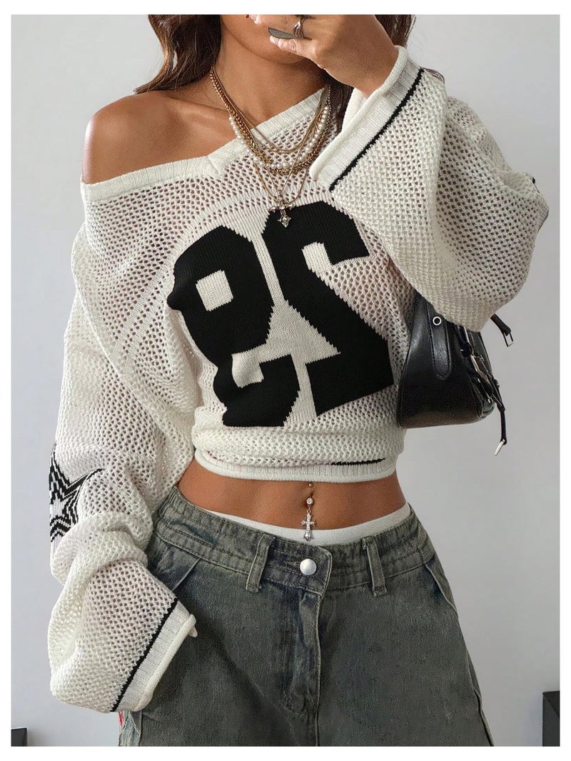 Verdusa Women's Y2k Tops Jersey Shirts Oversized Crochet Graphic Going Out Tops V Neck Pullover Sweater Streetwear White Black Medium - Image 5
