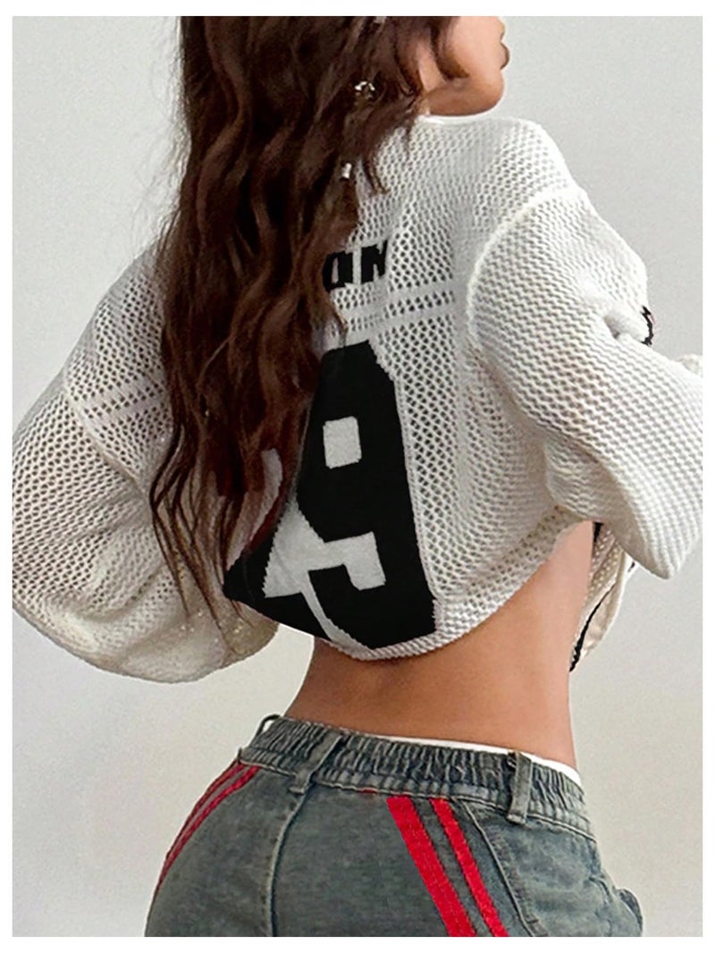 Verdusa Women's Y2k Tops Jersey Shirts Oversized Crochet Graphic Going Out Tops V Neck Pullover Sweater Streetwear White Black Medium - Image 2