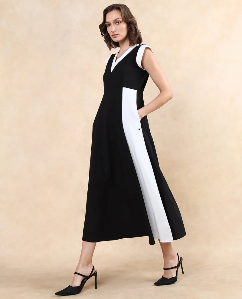 Rareism Rareism Women Bhinua Black Ruffled Sleeves V-Neck Zipper Closure Straight Fit Maxi Plain Dress