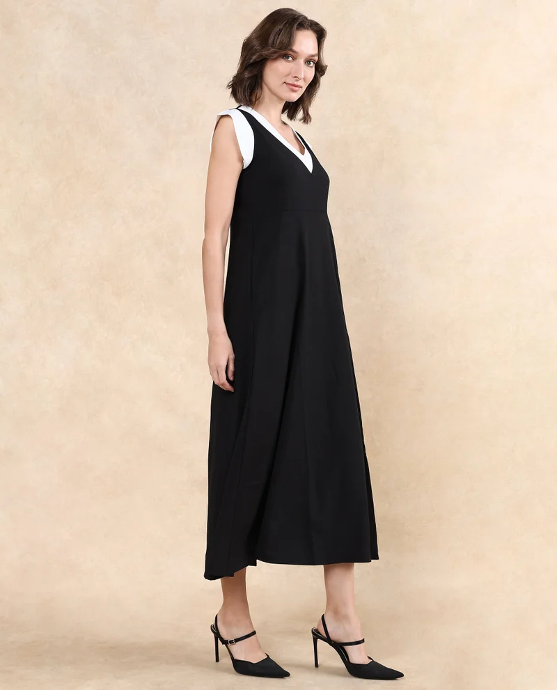 Rareism Rareism Women Bhinua Black Ruffled Sleeves V-Neck Zipper Closure Straight Fit Maxi Plain Dress