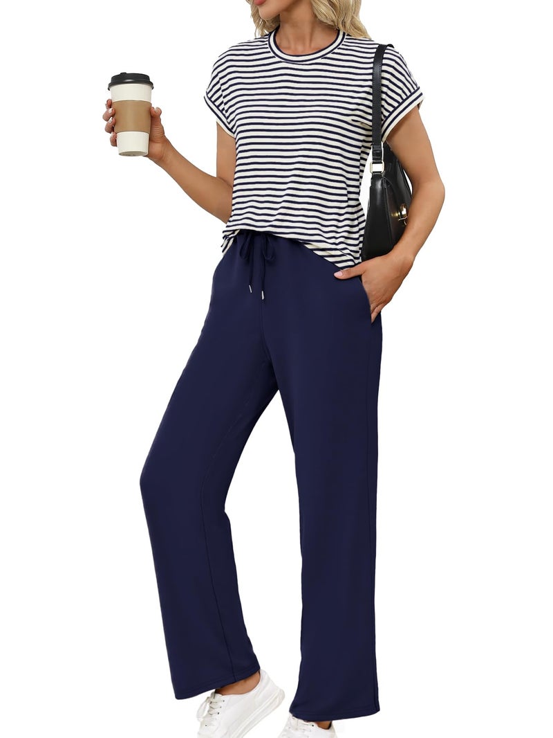 Glamaker 2 Piece Sets for Women Summer Going Out Crewneck Casual Tops Wide Leg Pants Matching Sets Sweatsuit Tracksuits Navy blue M - Image 1