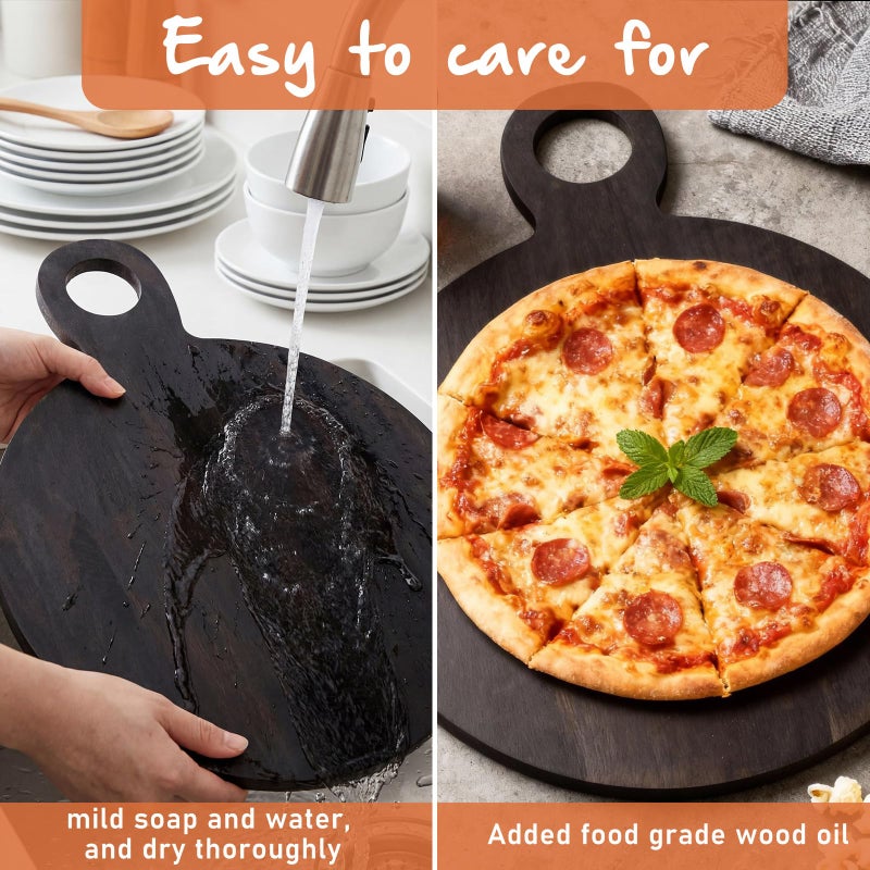 Yiyiring 1 Pcs Acacia Wood Cutting Board with Handle 21'' Circle Charcuterie Chopping Board for Pizza Cheese Meat Decorative Black Wooden Serving Tray for Kitchen and Dining Room - Image 3