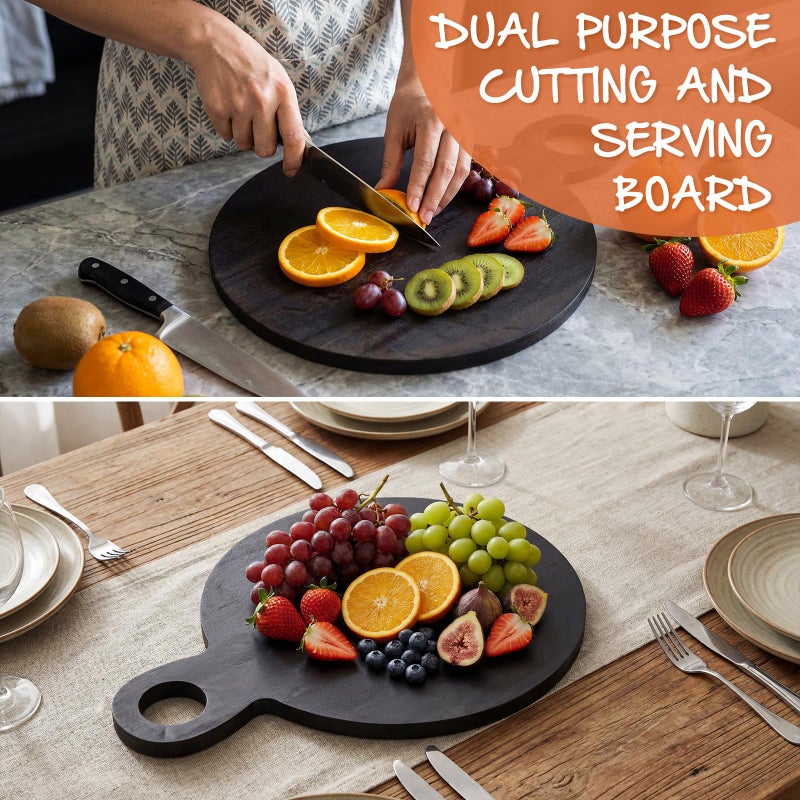 Yiyiring 1 Pcs Acacia Wood Cutting Board with Handle 21'' Circle Charcuterie Chopping Board for Pizza Cheese Meat Decorative Black Wooden Serving Tray for Kitchen and Dining Room - Image 5