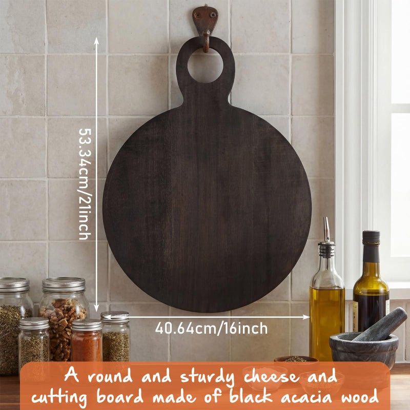 Yiyiring 1 Pcs Acacia Wood Cutting Board with Handle 21'' Circle Charcuterie Chopping Board for Pizza Cheese Meat Decorative Black Wooden Serving Tray for Kitchen and Dining Room - Image 2