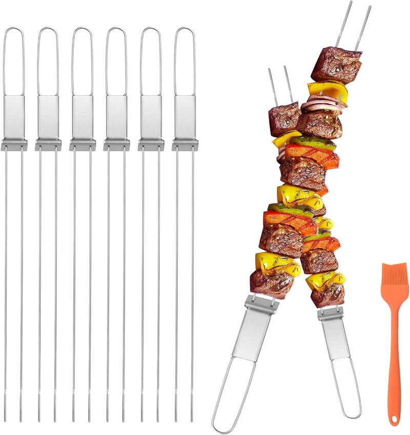 Lightique Skewers for Grilling, 17inch （6PCS）Double Fork Flat Stainless Steel Kabob Skewers with Slider, Reusable Metal BBQ Skewer for Meat, Vegetable, BBQ Accessories - Image 1