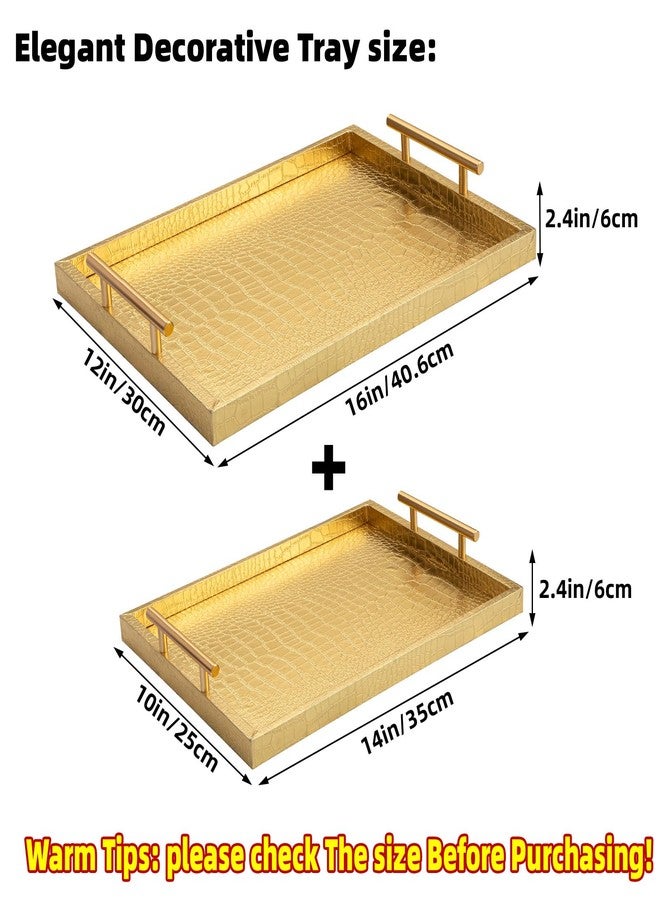 JUMBO HUMBLE Modern Elegant Large Wood Serving Tray, Set of 2 Gold Crocodile Leather with Gold Polished Metal Handles, Home Decorative Rectangle Ottoman Decor Platter Living Room Bathroom Vanity Tray - Image 2