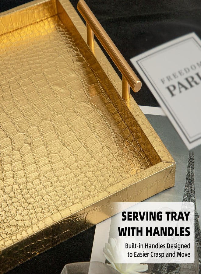 JUMBO HUMBLE Modern Elegant Large Wood Serving Tray, Set of 2 Gold Crocodile Leather with Gold Polished Metal Handles, Home Decorative Rectangle Ottoman Decor Platter Living Room Bathroom Vanity Tray - Image 4