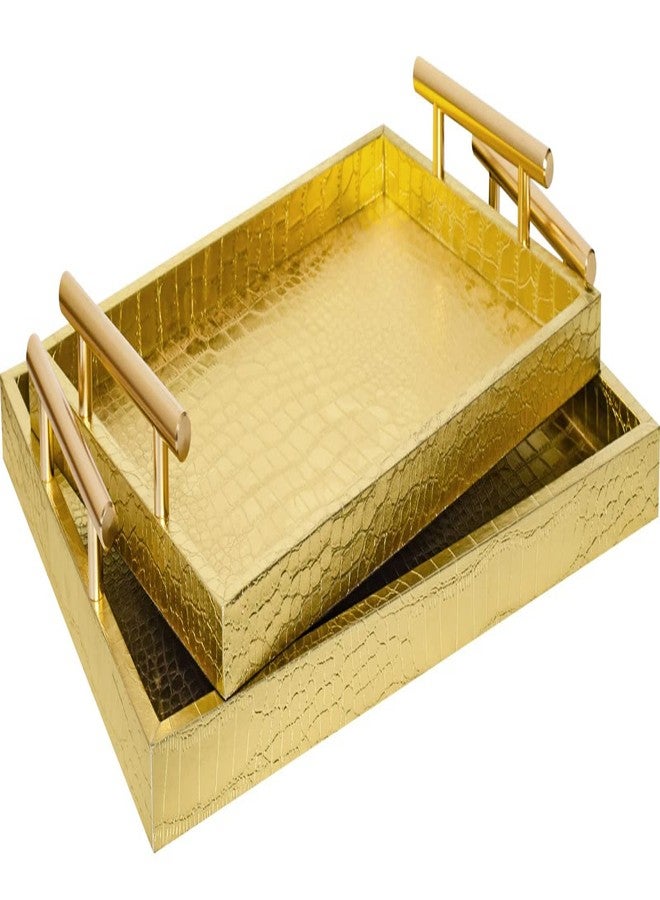 JUMBO HUMBLE Modern Elegant Large Wood Serving Tray, Set of 2 Gold Crocodile Leather with Gold Polished Metal Handles, Home Decorative Rectangle Ottoman Decor Platter Living Room Bathroom Vanity Tray - Image 1