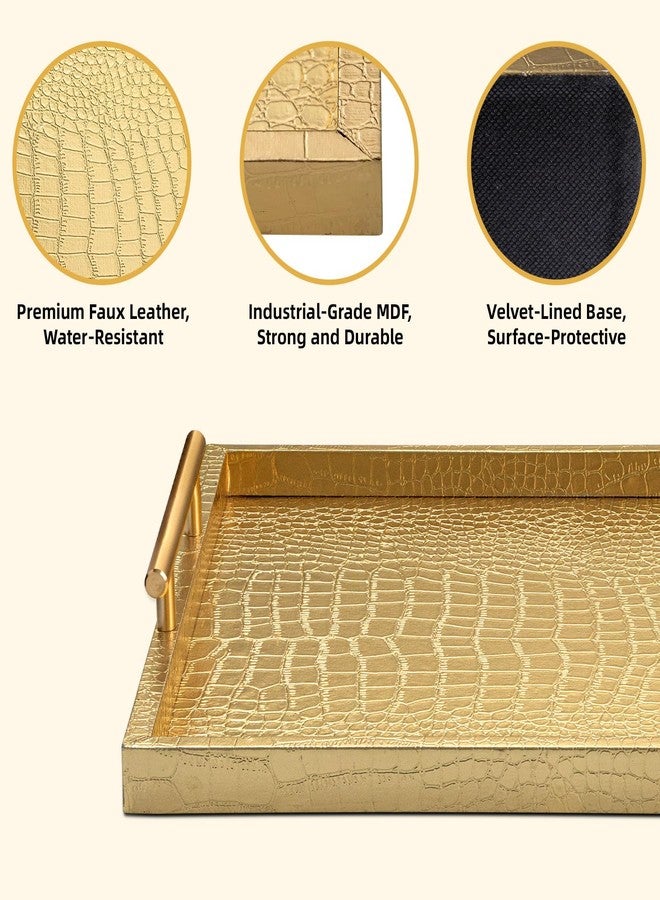 JUMBO HUMBLE Modern Elegant Large Wood Serving Tray, Set of 2 Gold Crocodile Leather with Gold Polished Metal Handles, Home Decorative Rectangle Ottoman Decor Platter Living Room Bathroom Vanity Tray - Image 3