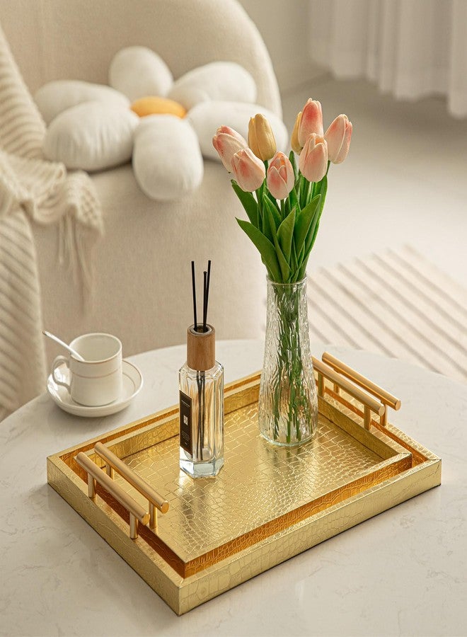 JUMBO HUMBLE Modern Elegant Large Wood Serving Tray, Set of 2 Gold Crocodile Leather with Gold Polished Metal Handles, Home Decorative Rectangle Ottoman Decor Platter Living Room Bathroom Vanity Tray - Image 5