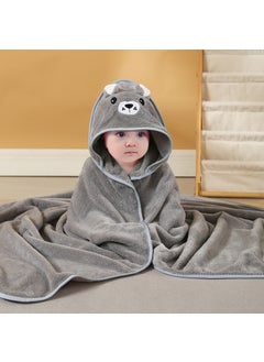 Newborn bath towel coral fleece thickened childrens hooded bathrobe wearable hooded homewear baby quilt Gray elephant with open eyes