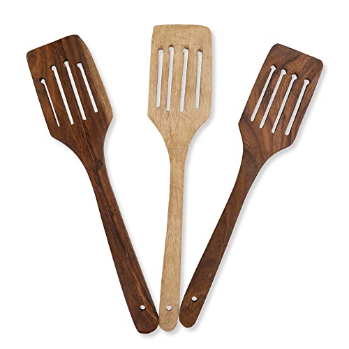e kysa basics Wooden Rectangular Compact Flip/Spatula/Ladle with Holes for Cooking Dosa/Roti/Chapati, Naturally Non-Stick, Handmade - 31 * 7 cm, Set of 3 - Image 1