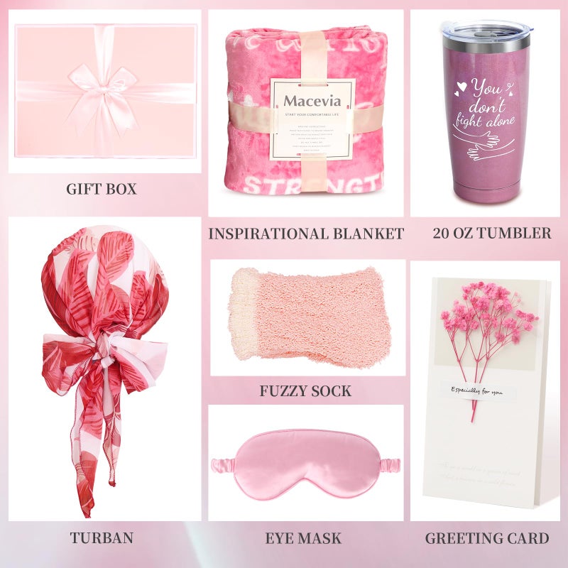 MACEVIA MACEVIA Breast Cancer Care Package Gift Box for Women  Inspirational Get Well Soon Gift Basket with Blanket Tumbler Cup Headwear Eye Mask Socks for After Surgery Patient (Pink 01) - Image 2