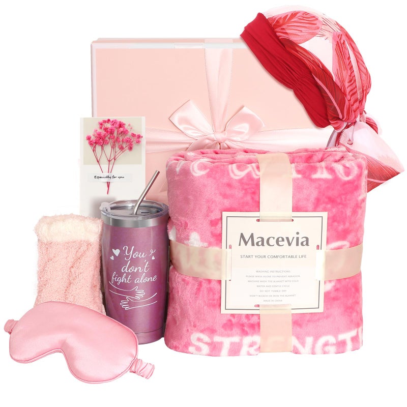 MACEVIA MACEVIA Breast Cancer Care Package Gift Box for Women  Inspirational Get Well Soon Gift Basket with Blanket Tumbler Cup Headwear Eye Mask Socks for After Surgery Patient (Pink 01) - Image 1