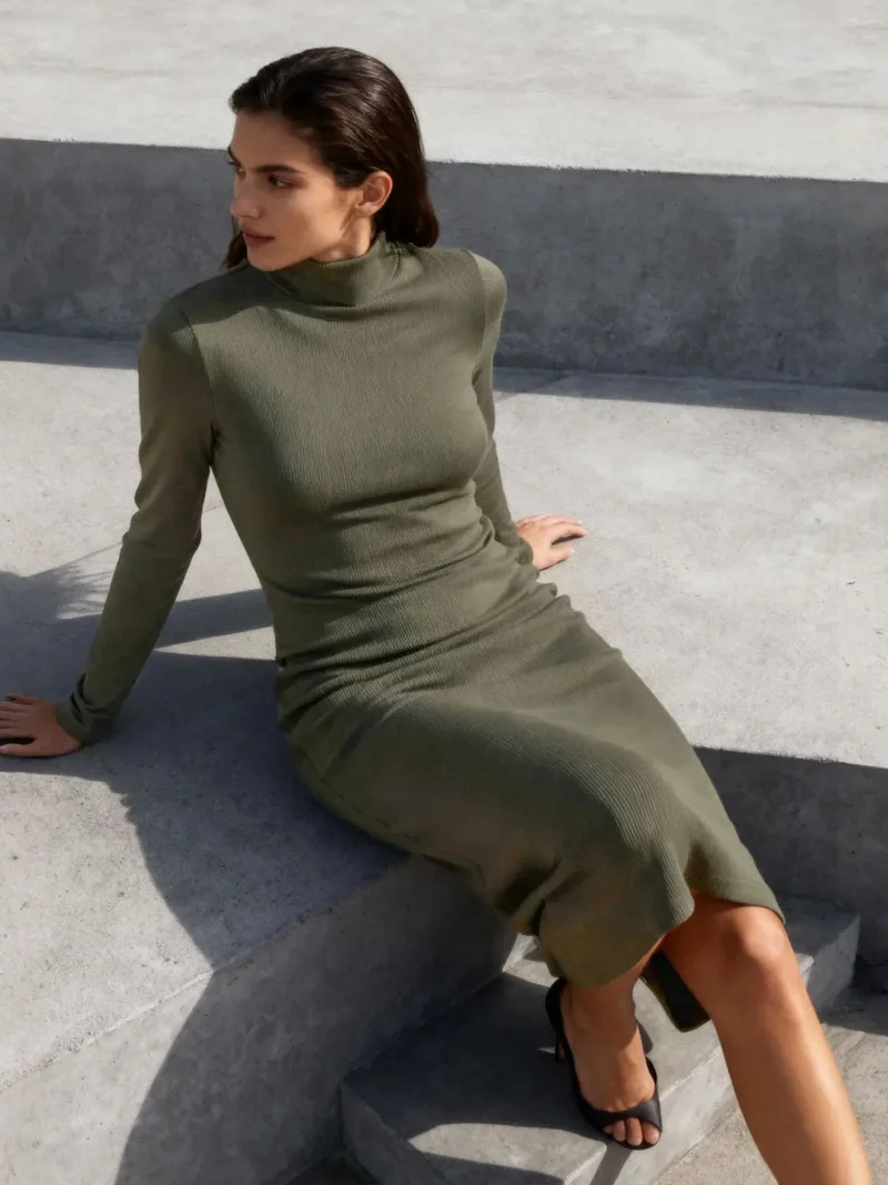 تومي لايف TOMMY Ribbed Turtleneck Midi Dress
