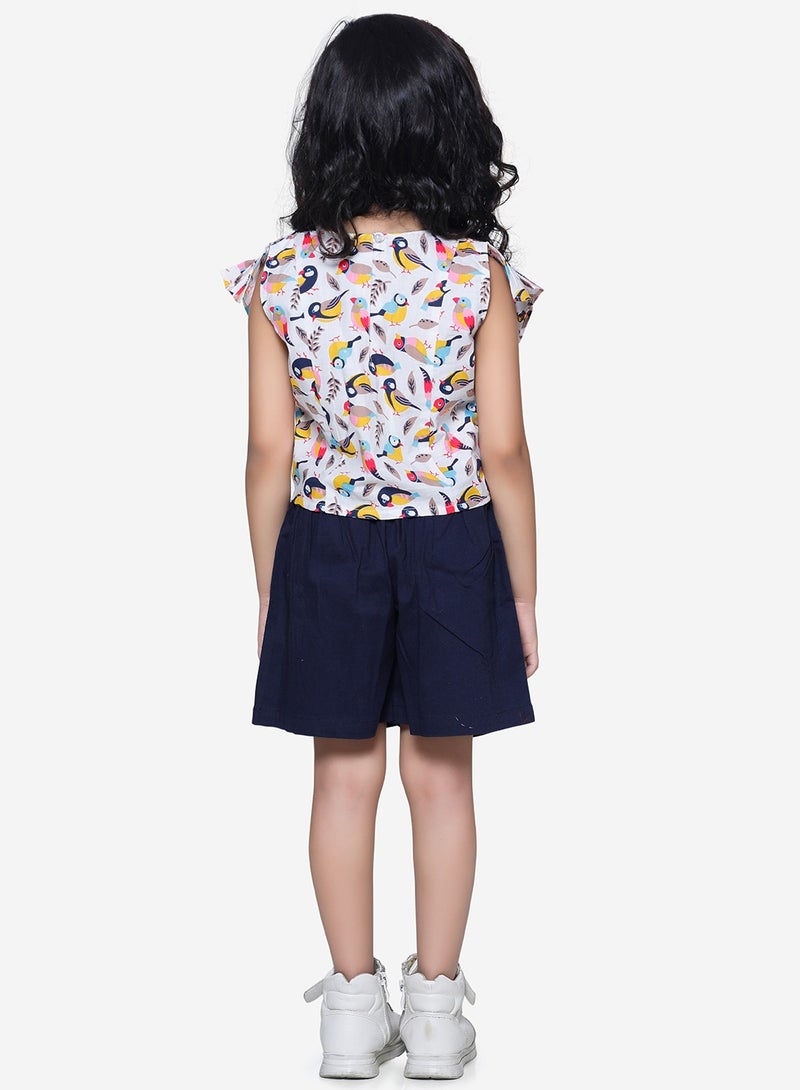LILPICKS Bird Print ruffle top with Navy belted shorts Set  - Image 2