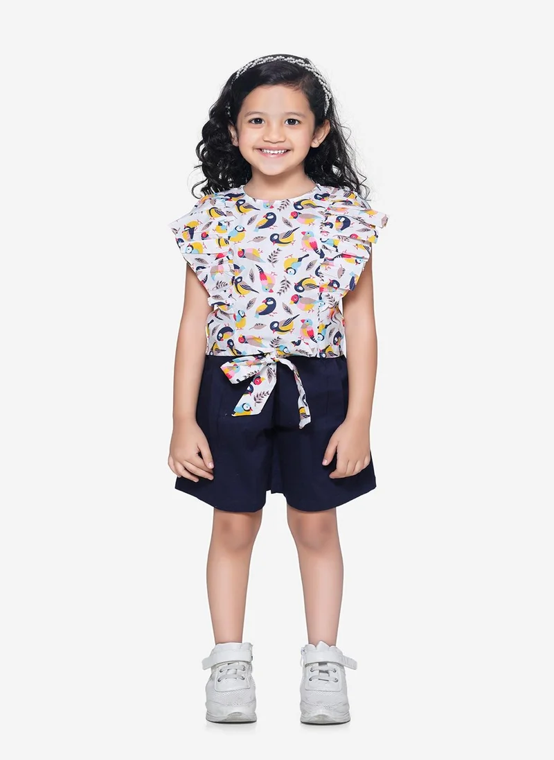 ليلك Bird Print ruffle top with Navy belted shorts Set