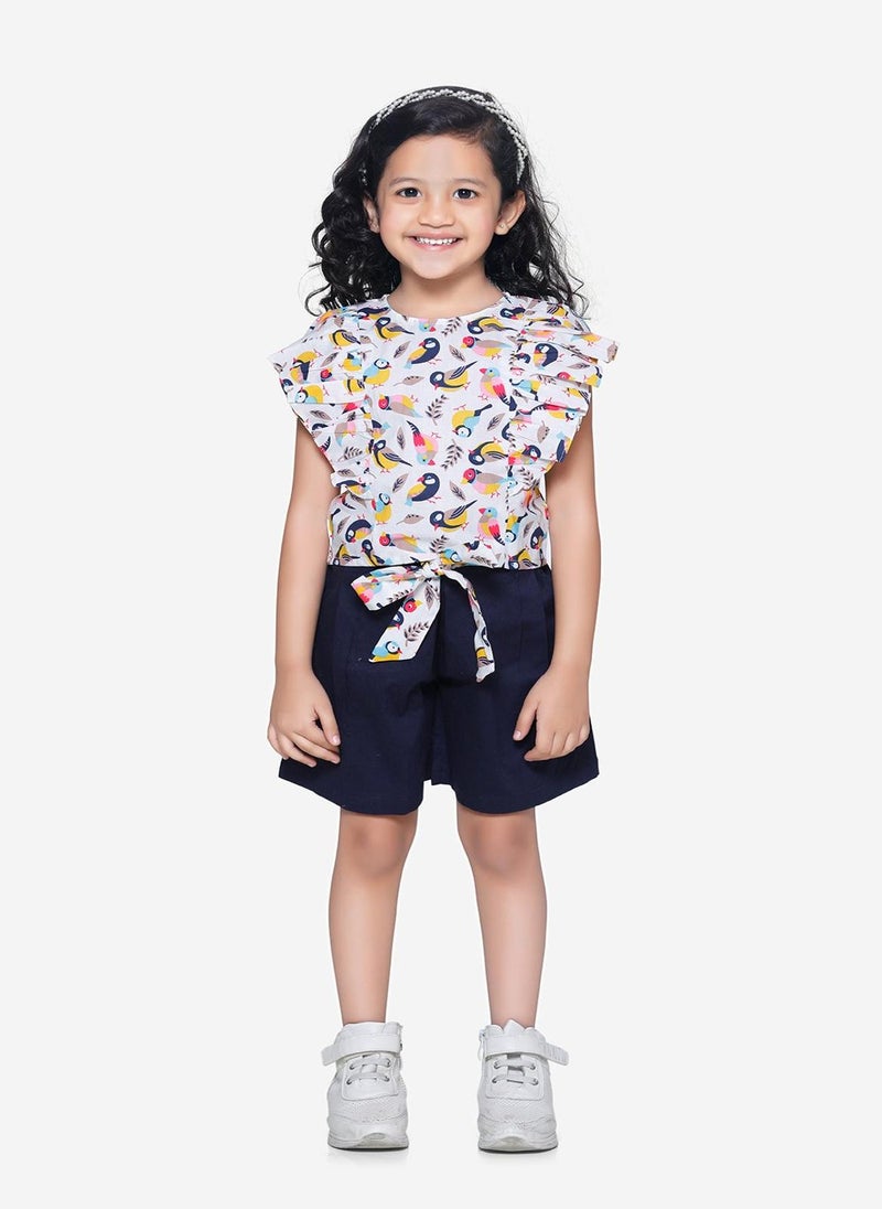 LILPICKS Bird Print ruffle top with Navy belted shorts Set  - Image 1