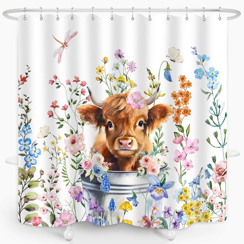 ZXMBF Cute Highland Cow Shower Curtain Watercolor Floral Spring Wildflower Funny Western Cattle Farm Animal Home Bathroom Decor Waterproof Fabric 72Lx72W Inch with 12PCS Hooks - Image 2
