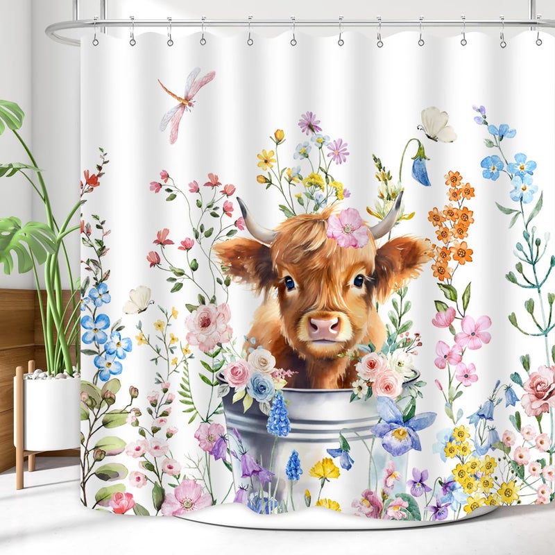 ZXMBF Cute Highland Cow Shower Curtain Watercolor Floral Spring Wildflower Funny Western Cattle Farm Animal Home Bathroom Decor Waterproof Fabric 72Lx72W Inch with 12PCS Hooks - Image 3
