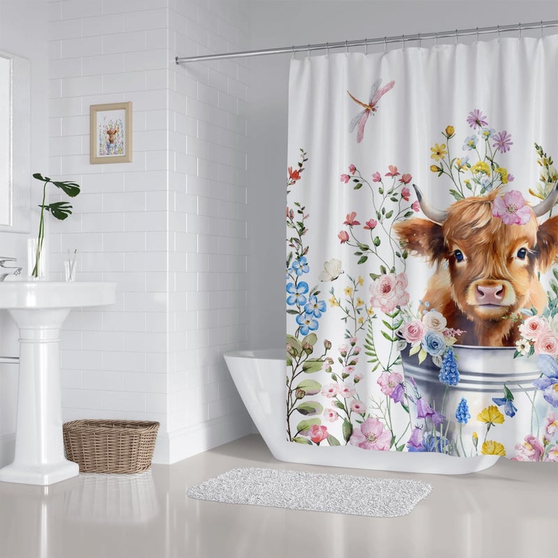 ZXMBF Cute Highland Cow Shower Curtain Watercolor Floral Spring Wildflower Funny Western Cattle Farm Animal Home Bathroom Decor Waterproof Fabric 72Lx72W Inch with 12PCS Hooks - Image 4