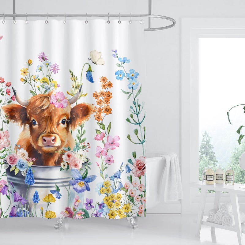 ZXMBF Cute Highland Cow Shower Curtain Watercolor Floral Spring Wildflower Funny Western Cattle Farm Animal Home Bathroom Decor Waterproof Fabric 72Lx72W Inch with 12PCS Hooks - Image 1