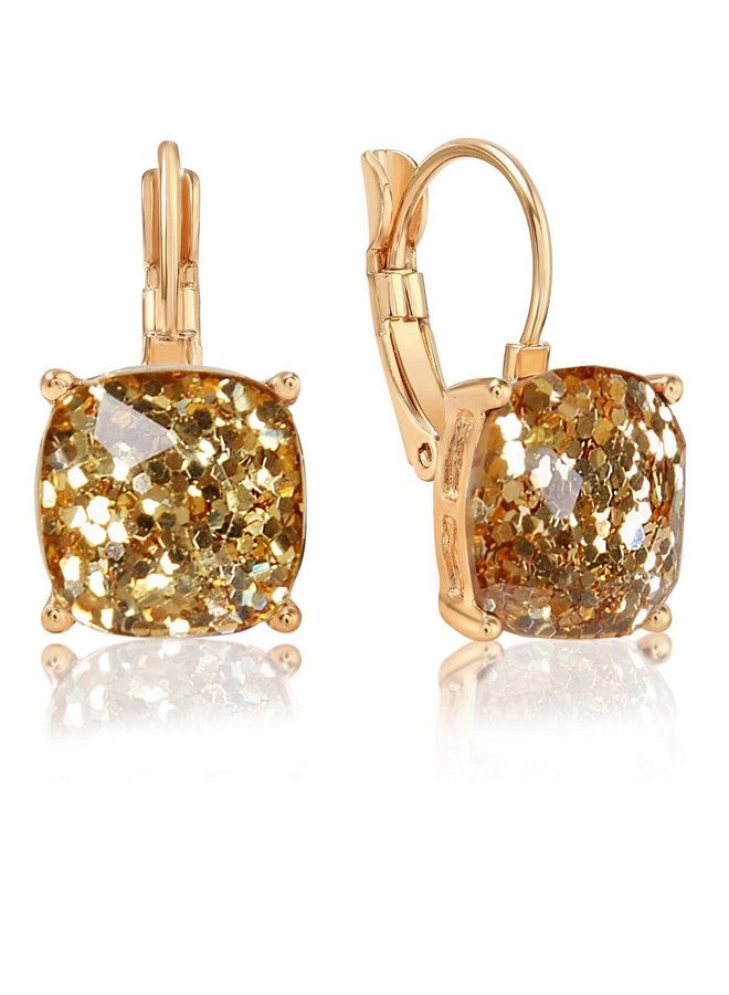 Humble Chic NY Gold Square Earrings For Women Gold Sparkly Earrings Leverback Earrings Sparkle Earrings Goldtone Glitter Earrings Gold Fashion Earrings Square Gold Earrings Gold Statement Earrings For Women - Image 1