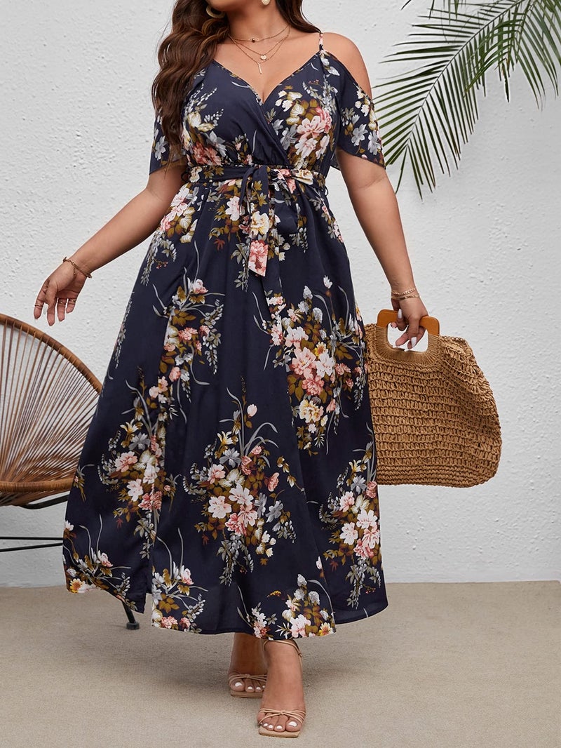Floerns Women's Plus Size Cold Shoulder Short Sleeve Split Thigh Long Dress Black Floral - Image 3