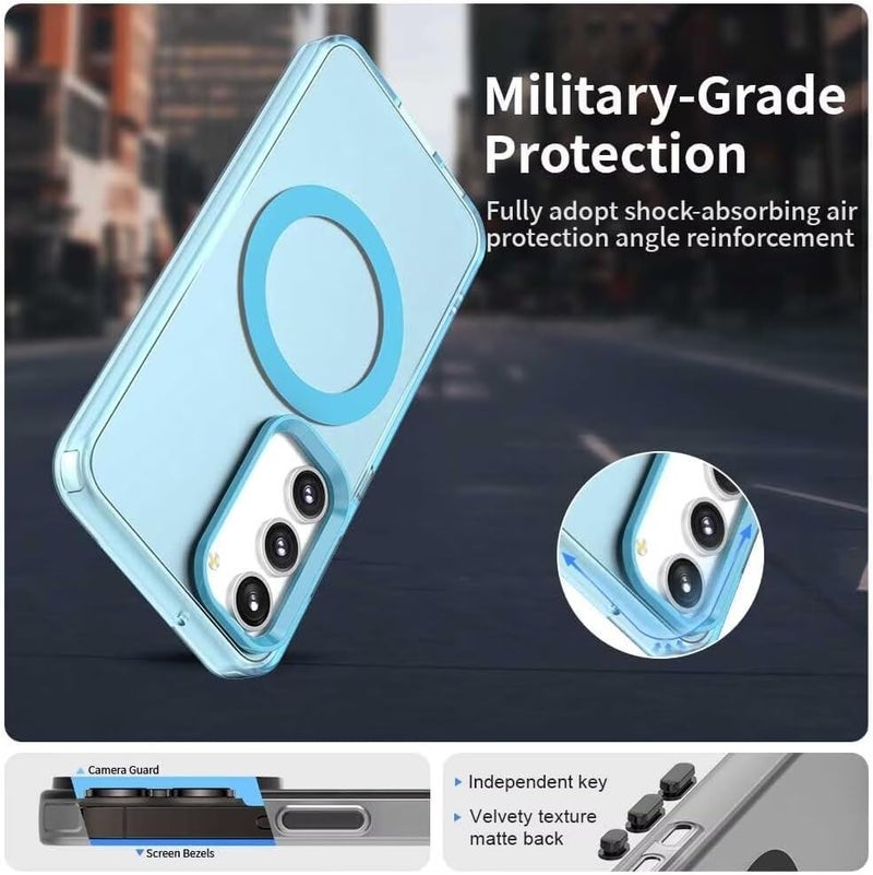 Elzzi غطاء خلفي شفاف مغناطيسي لهاتف سامسونج جالاكسي S24 FE [متوافق مع MagSafe] غطاء هاتف صلب مضاد للصدمات شفاف غير لامع مع واقي جانبي للرجال والنساء (أزرق) - Image 2