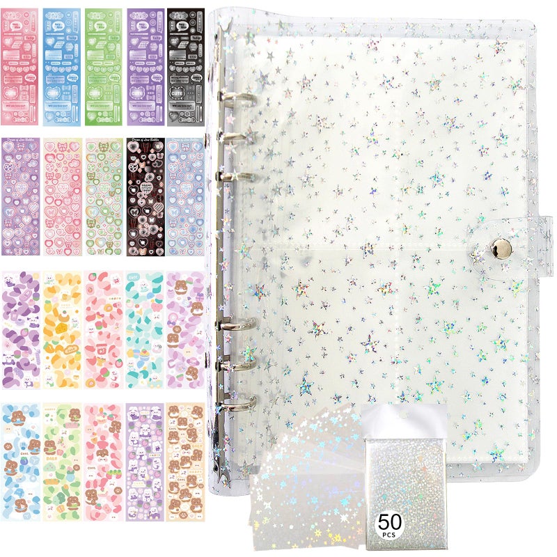 JIEADJIE Kpop Photocard Holder Book Set A5 Binder Photocard Album 6 Ring, Suit for 200 Cards 3 Inch Photo,with 50 Pcs Laser Flashing Card Sleeves,with 20 Sheets Stickers Cute Decor Stickers (Star 2) - Image 1