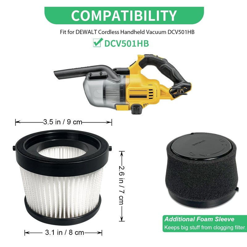 Kerneed 2 Pack DCV5011H HEPA Filter Compatible with DEWALT DCV501HB Cordless Handheld Vacuum, with 4 Foam Sleeve Filters & 1 Brush - Image 2