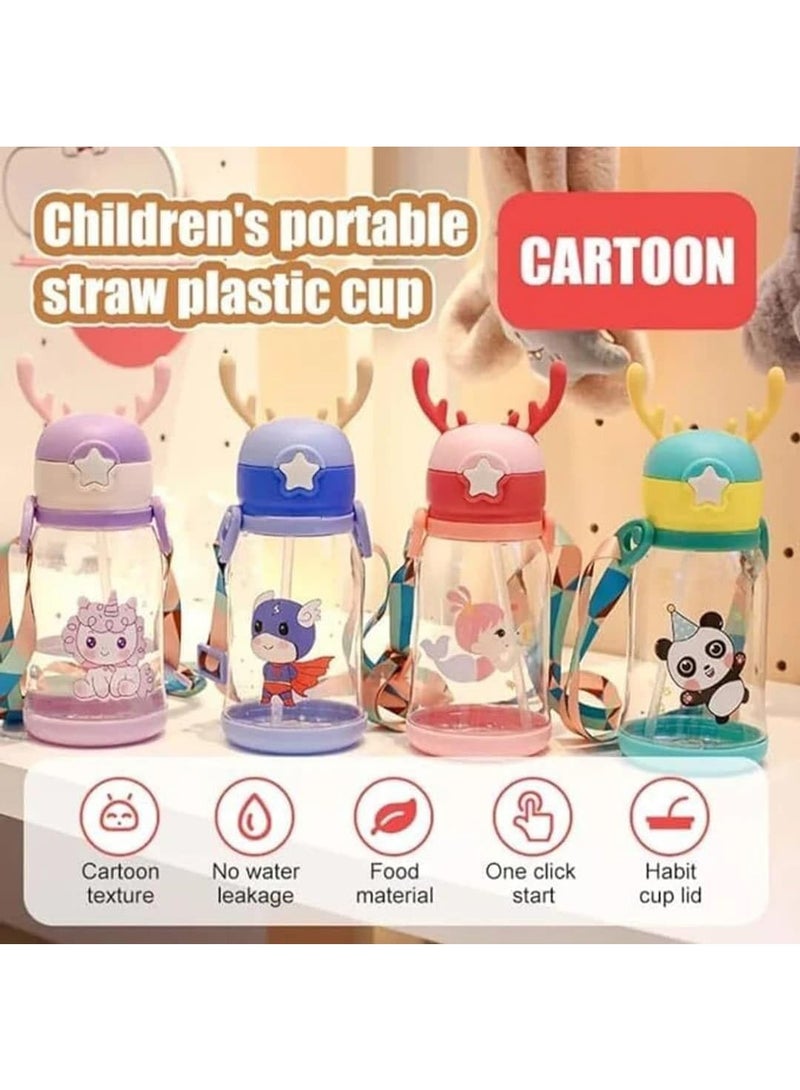 Kids Water Bottle with Straw Cartoon Sipper Bottle Leak Proof BPA Free School Water Bottle with Strap for Boys & Girls - Image 3