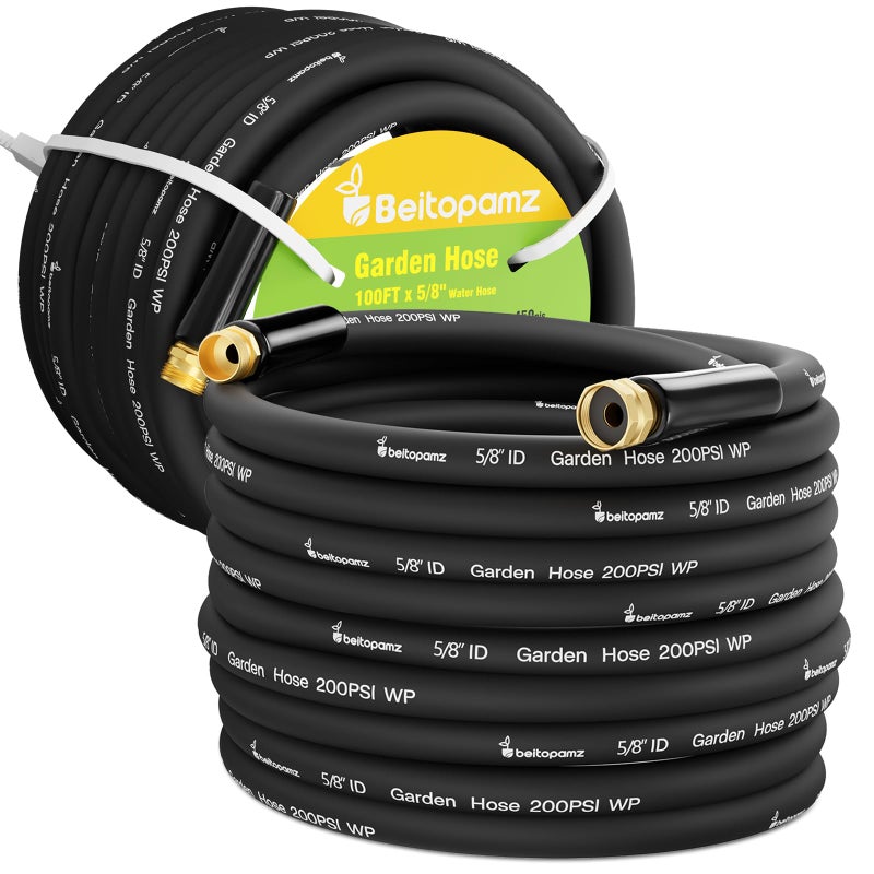Beitopamz 100 ft Garden Hose, 5/8 in Heavy Duty Water Hose, Flexible and Durable, Lightweight Rubber Hybrid Hose, Leak-Free Connections, Male to Female 3/4'' Brass Fittings for Patio, Lawn, Black - Image 1