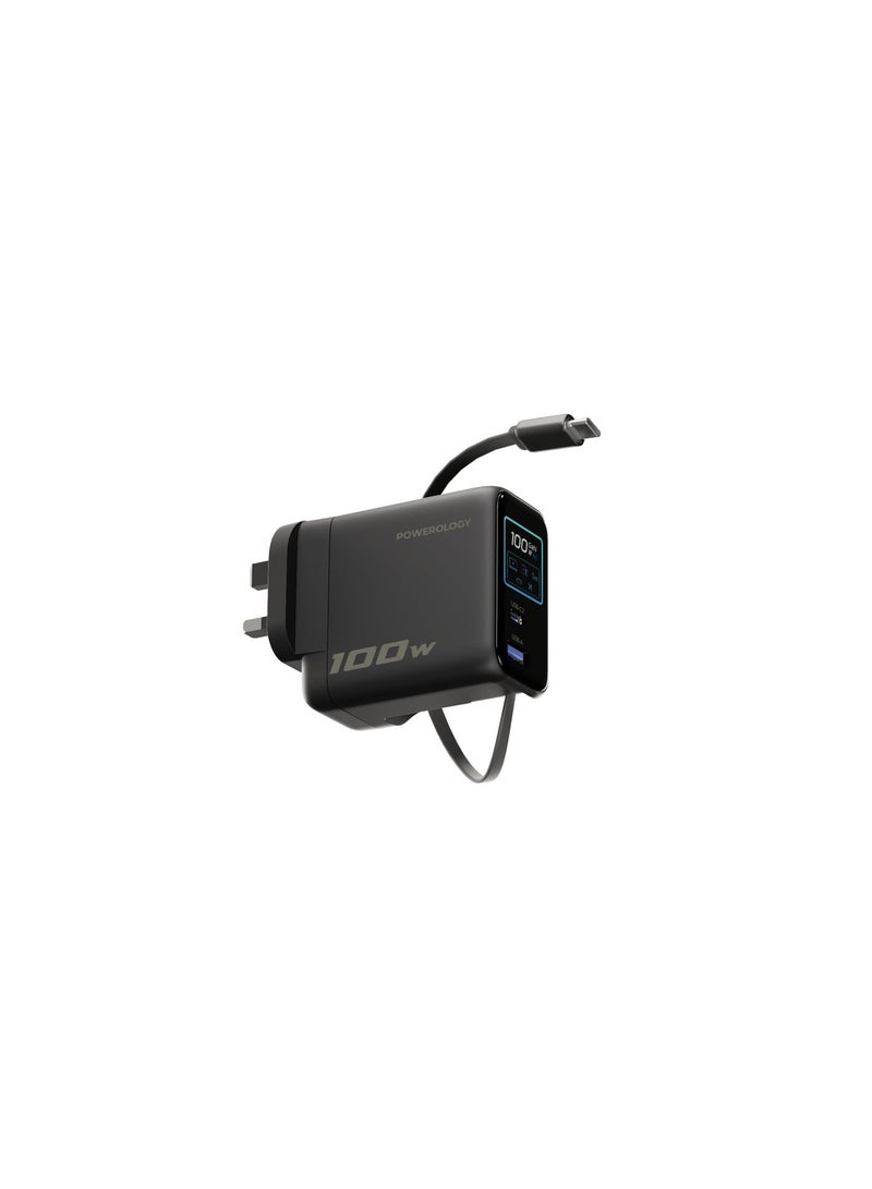 Powerology 100W Adapter with Retractable Type-C Cable, Multi-Device Charging, AI GaN Technology, TFT Display, Ultra-Fast Charging, Built-In Safeguards, USB-C & USB-A Ports - Black - Image 2