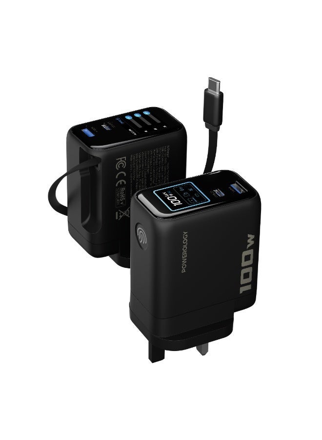 Powerology 100W Adapter with Retractable Type-C Cable, Multi-Device Charging, AI GaN Technology, TFT Display, Ultra-Fast Charging, Built-In Safeguards, USB-C & USB-A Ports - Black - Image 1