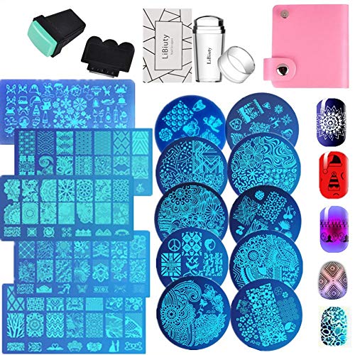 LiBiuty LiBiuty 15pcs Nail Stamp Plates set 15 plate 2Stamper 2Scraper 1storage bag Nails Art Stamping Plate Scraper Stamper Set Leaves Flowers Animal Nail plate Template Image Plate 