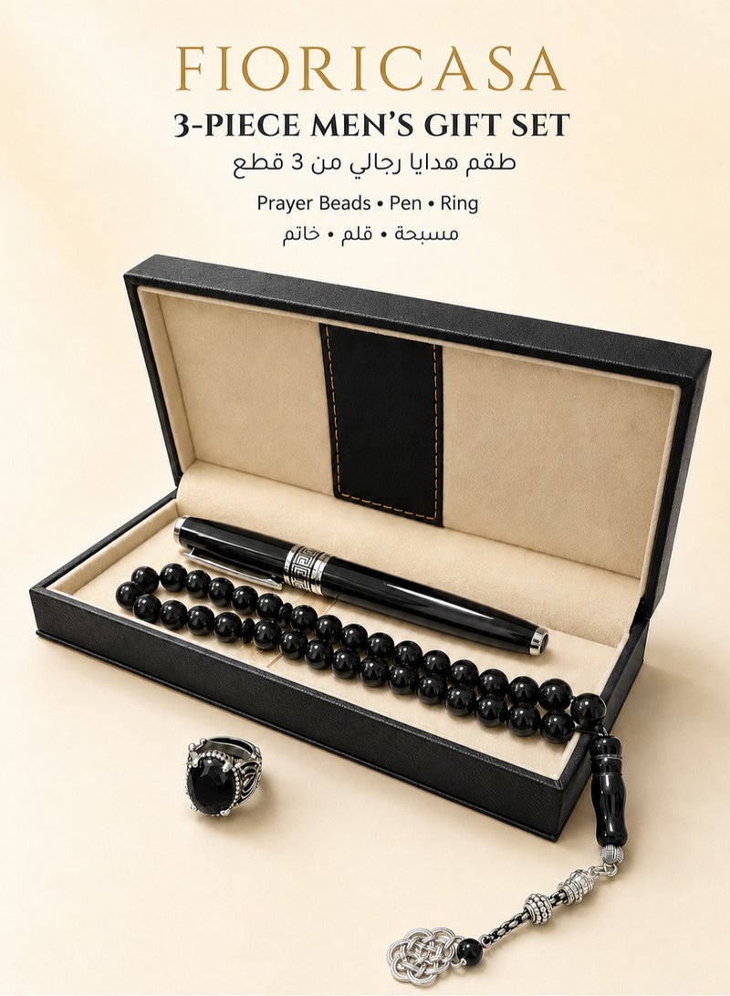 فوريكاسا فلوريكاسا طقم هدايا رجالي مع مسبحة من العقيق الأسود الطبيعي وخاتم عقيق أسود قابل للتعديل وقلم حبر، 33 حبة، مقاس 10 مم - Image 1