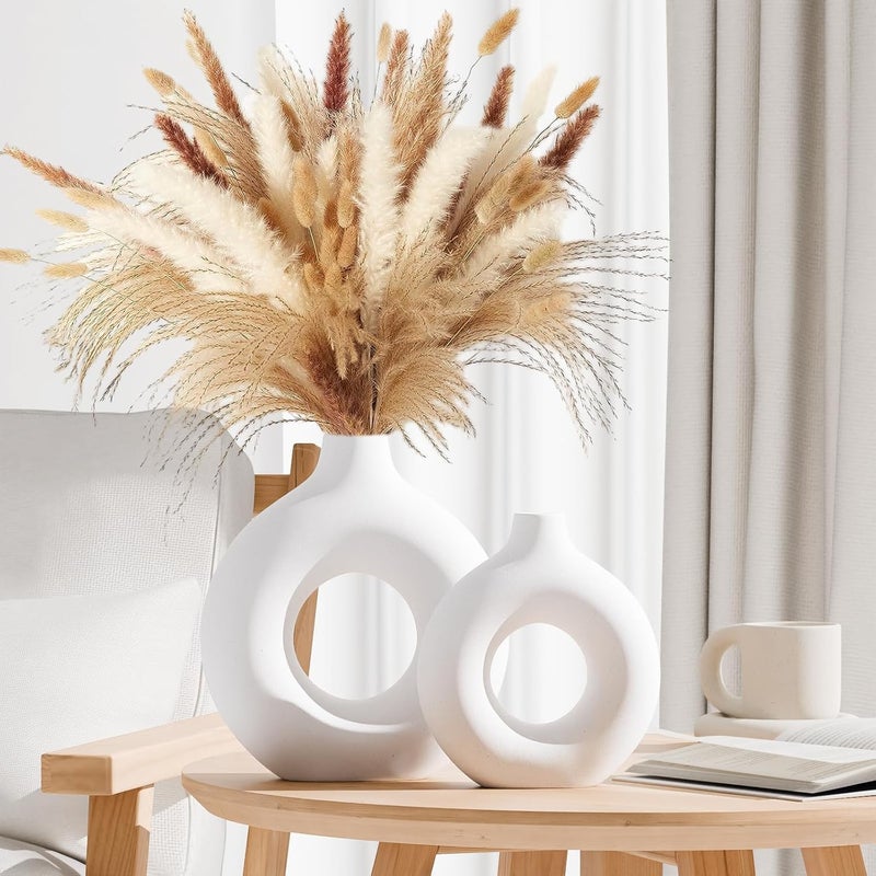 XTORE مزهرية سيراميك بيضاء غير لامعة على شكل دونات لتزيين المنزل | مزهرية زخرفية جمالية بسيطة لغرفة المعيشة، غرفة النوم، المكتب، طاولة القهوة/العشاء - (عبوة من 2، العشب غير متضمن) - Image 2