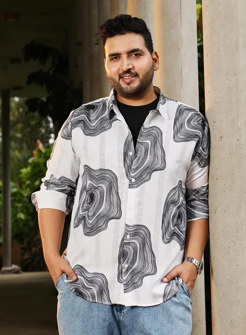Instafab Plus Instafab Plus Men's White & Black Contrast-Spool Jacquard Shirt | Spread Collar , Long Cuffed Sleeves , Button Closure , Curved Hemline | Abstract Dobby Cotton-Blend For Street & Casual Wear