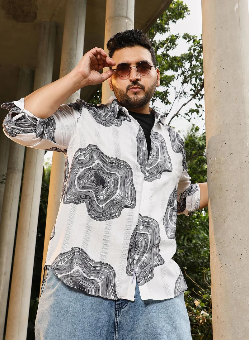 Instafab Plus Instafab Plus Men's White & Black Contrast-Spool Jacquard Shirt | Spread Collar , Long Cuffed Sleeves , Button Closure , Curved Hemline | Abstract Dobby Cotton-Blend For Street & Casual Wear