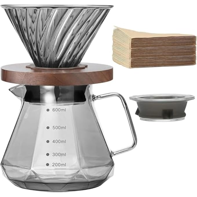 سيلك رووت ماكينة صنع القهوة بالتنقيط، إبريق زجاجي بوروسيليكات سعة 20 أونصة مع 100 فلتر ورقي V60، مقبض من خشب الجوز، غطاء زجاجي، ماكينة صنع القهوة بالتنقيط للمنزل والمقهى والمطعم والتخييم، 600 مل، رمادي - Image 1