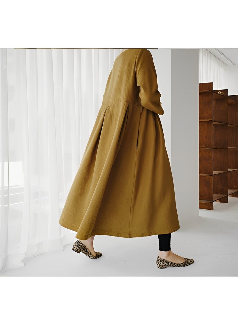 REOCLE Women's Plus Size Dress Solid Loose Long Maxi Dress Solid Color Cotton and Linen Round Neck Pullover Large Long Sleeve Dress Fall Dresses  - Image 2